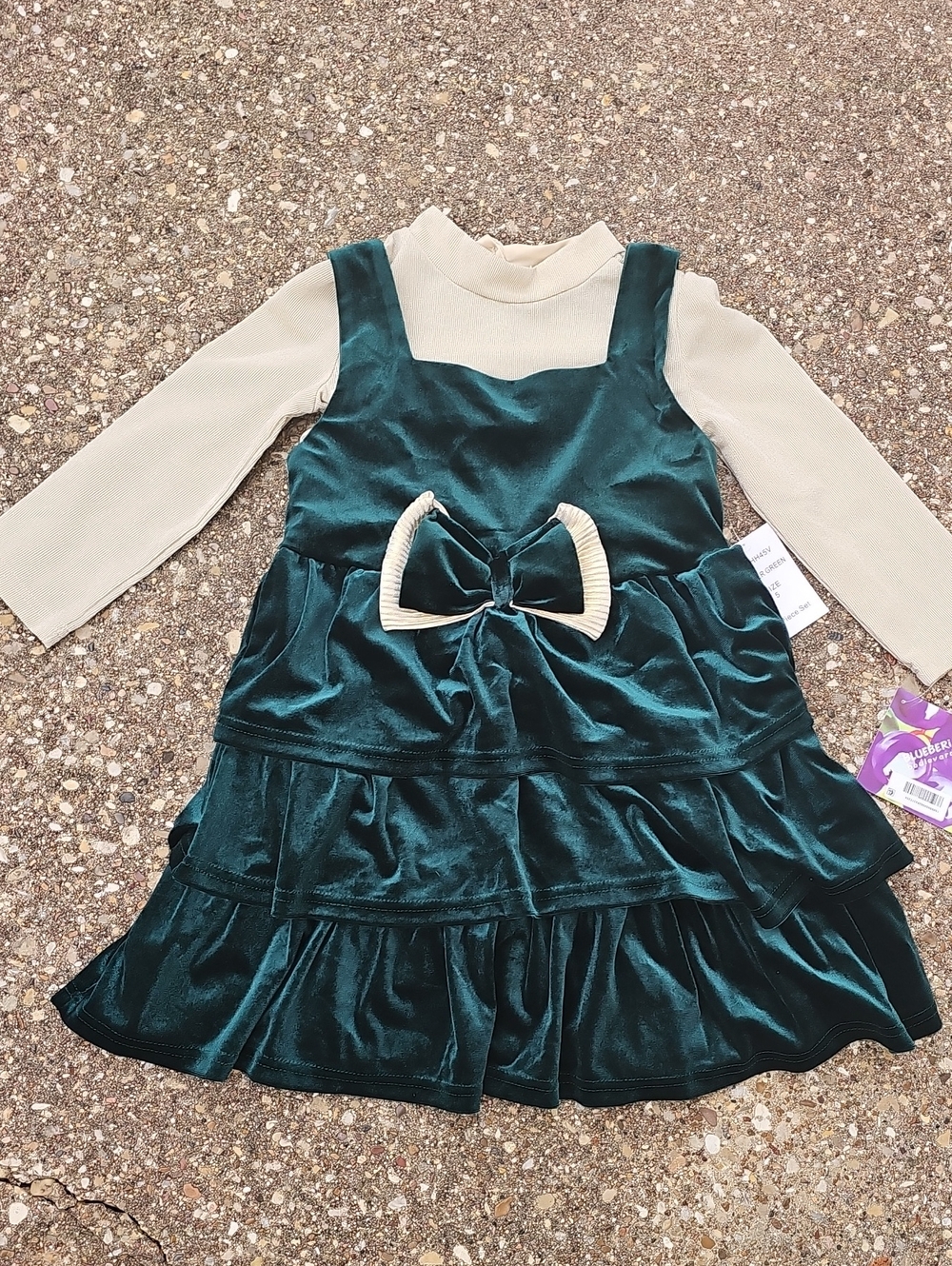 Blueberi Boulevard Christmas Hunter Green Velvet Tiered Dress with Cream Bow Top
